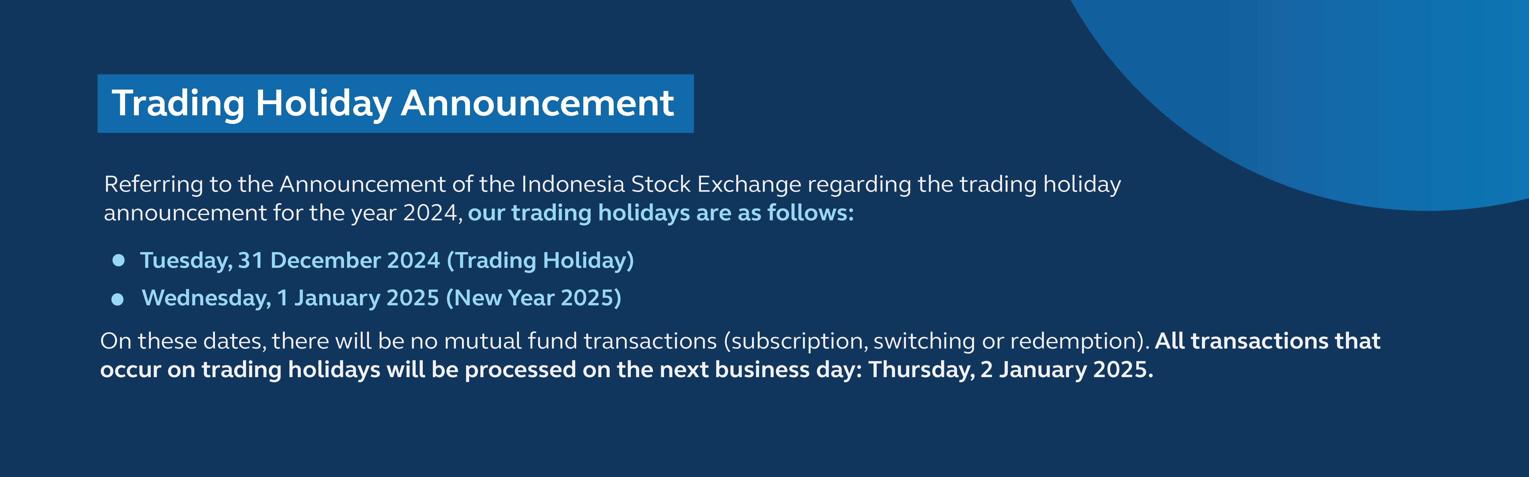 Trading Holiday Announcement New Year 2025 